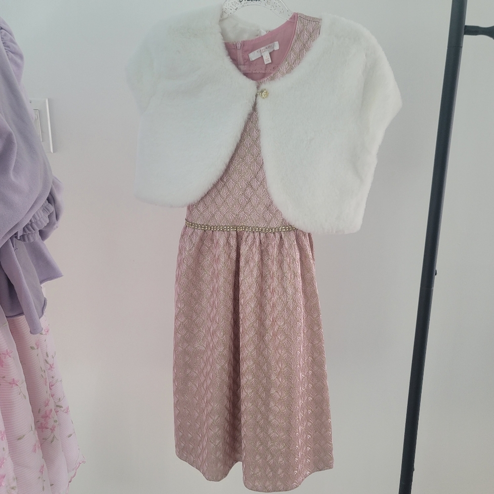 Tahari Girls Party Dress With Faux Fur Cover Up Size 8